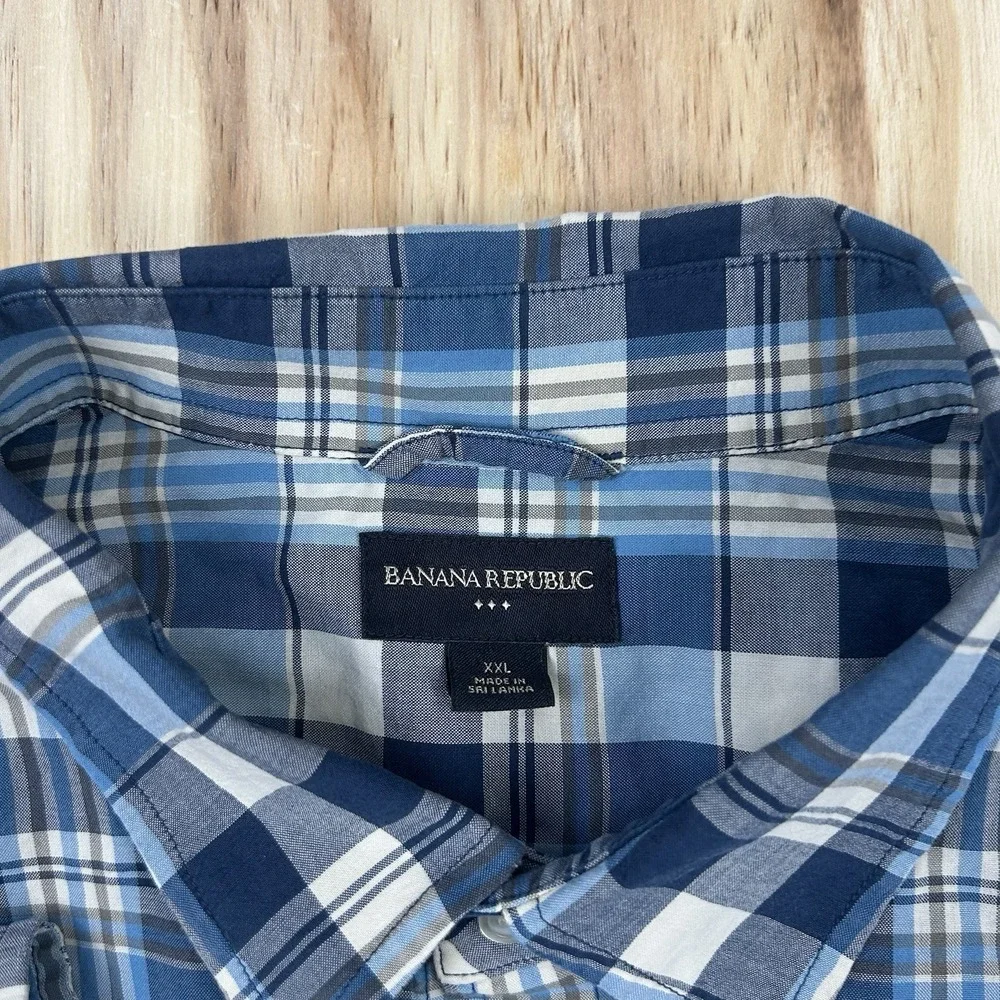 Banana Republic Shirt Men's Size 2XL Plaid Button Down Long Sleeve Cotton Blue